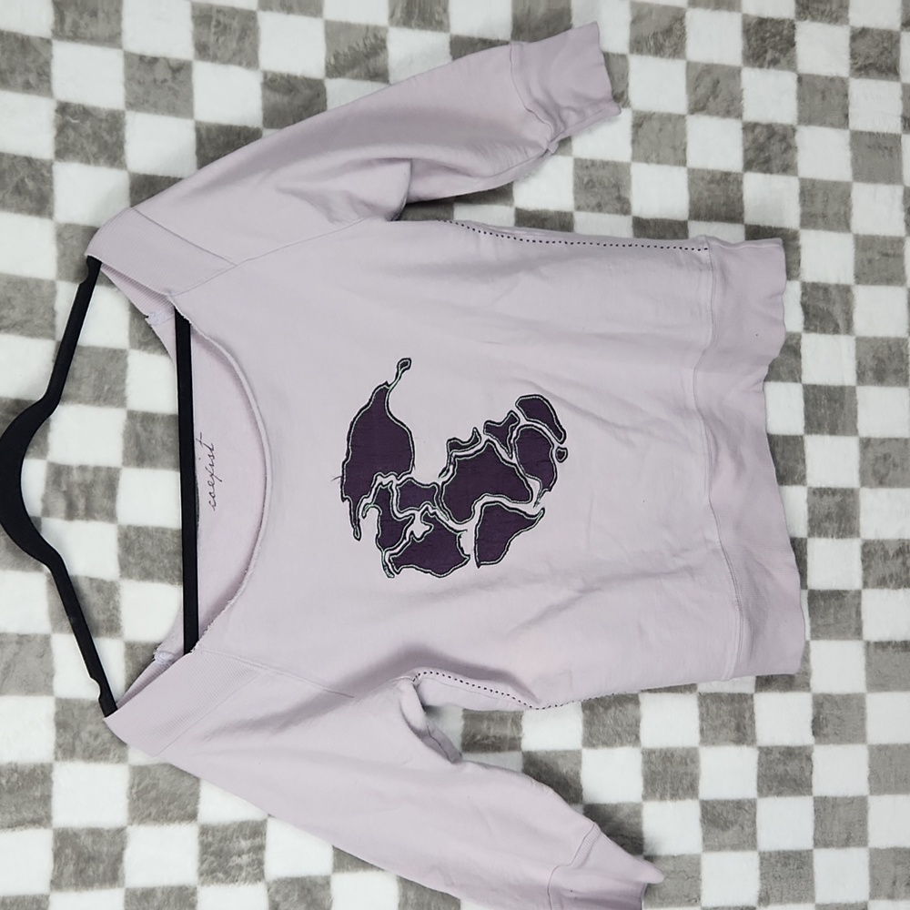 Coexist purple sweatshirt off shoulder world embroidered cut raw neckline L